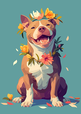 Happy Flower Pit Bull Cute Dog Minimalist Art Illustration
