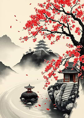 Japanese Garden with Cherry Blossoms