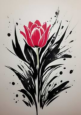 Red Tulip with Black Ink Splashes