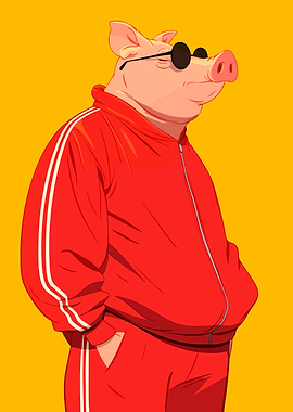 Pig in Red Tracksuit Funny Animal Art Minimalist Illustration