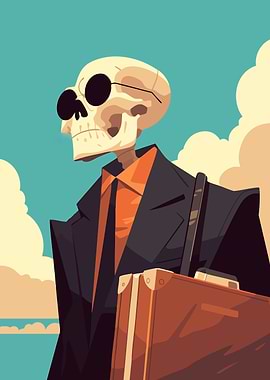 Skeleton Man and Suitcase Minimalist Art Illustration