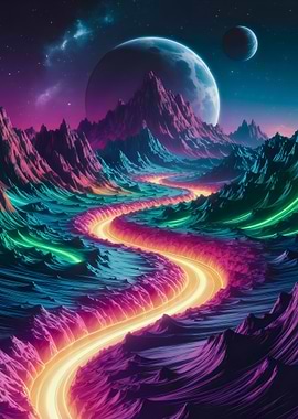 Neon Road Through Mountains