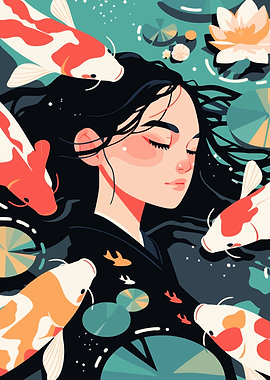 Koi Fish and Kimono Woman Japanese Minimalist Art Illustration