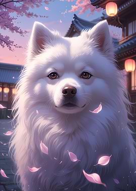 Adorable Fluffy White Samoyed Dog in Cherry Blossom Scene - Cute Anime Style Cartoon Dog Portrait Art
