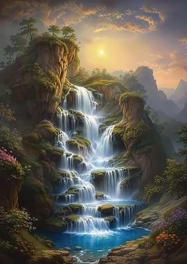 Waterfall in a Mountain Valley