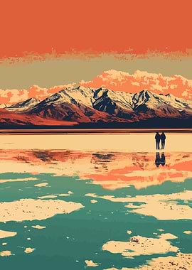 Mountain Salt Lake Sunset Watch Minimalist Nature Art Illustration