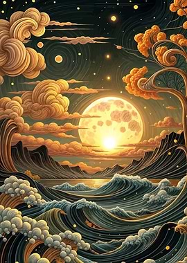 Full Moon Over Waves