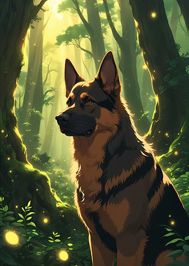 Majestic German Shepherd Dog in Enchanted Forest - Beautiful Anime Style Cartoon Dog Portrait Art