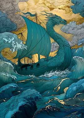 Dragon Ship in Stormy Seas