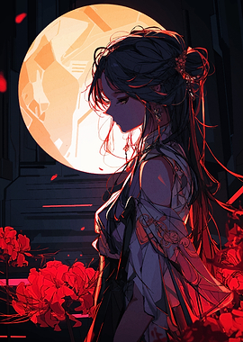 Anime Girl with Red Flowers