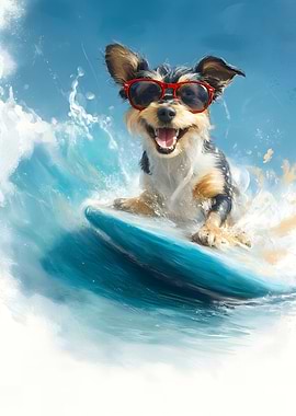 Surfing Dog with Sunglasses