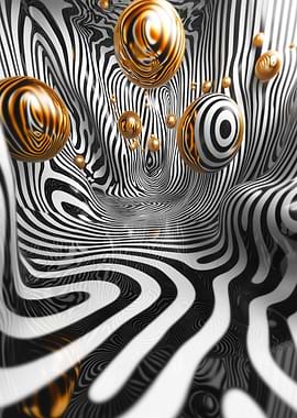 Floating Gold Orbs in Optical Currents - Abstract Black and White with Spheres