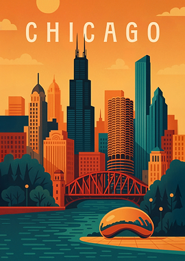 Chicago Travel Poster – Urban Lakefront and Skyline Icons