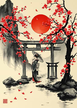 Japanese Geisha with Cherry Blossoms 2
