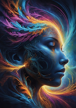 Dreamy Woman with Colorful Feathered Hair