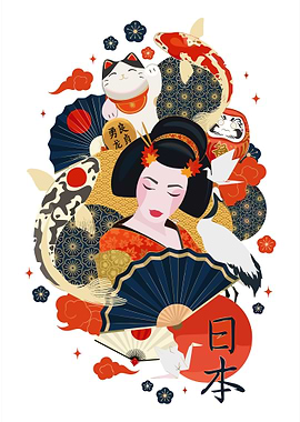 Japanese Geisha with Fans and Koi