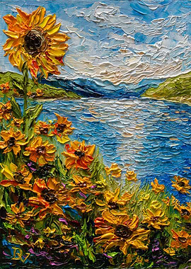 Sunflower Field by the Lake Painting