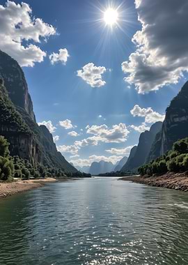 River Landscape with Mountains and Sky