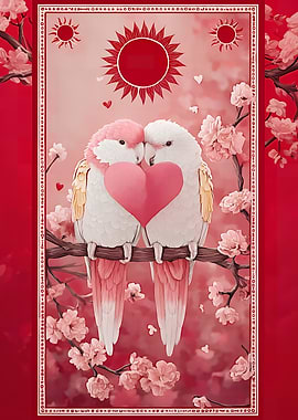 Lovebirds with Heart and Cherry Blossoms