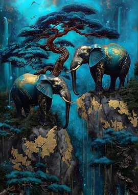 Elephants in Teal and Gold Landscape