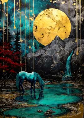 Unicorn at the Lake Under Moon