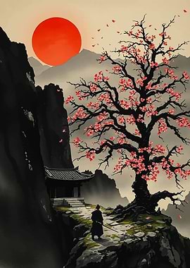 Samurai at Temple with Cherry Blossoms
