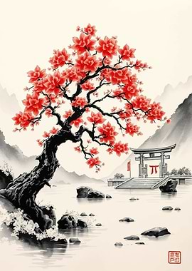 Japanese Landscape with Red Blossoms