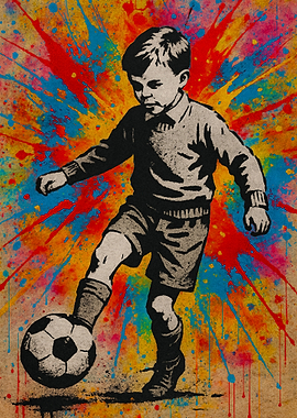 Boy Kicking Soccer Ball Colorful Splatter