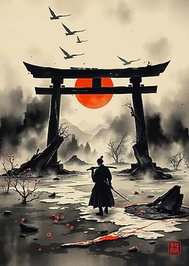 Samurai at Torii Gate with Rising Sun