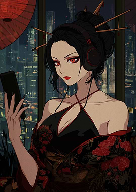 Anime Girl in Kimono with Headphones