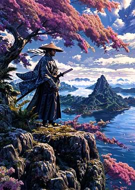 Samurai on Cliff with Cherry Blossoms