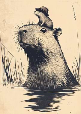 Capybara with Hat and Friend