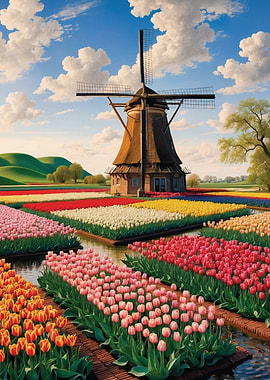 Dutch Windmill and Tulip Fields