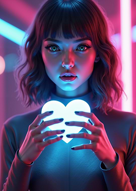 Girl holding glowing heart in neon