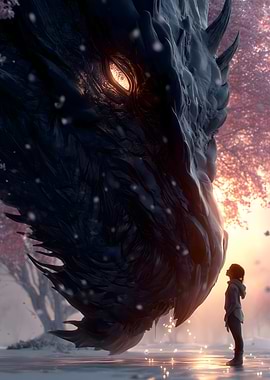 Dragon and Girl in Snowy Landscape