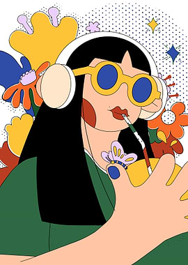 Girl with Headphones and Sunglasses