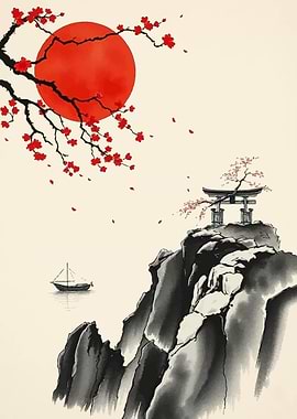 Japanese Landscape with Cherry Blossoms