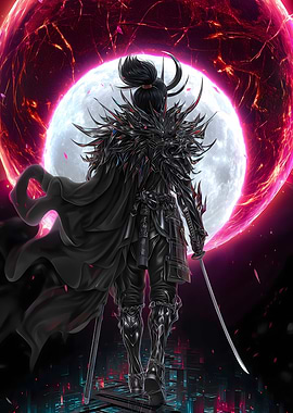 Cyberpunk Samurai with Moon Backdrop