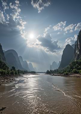 River Landscape with Mountains and Sunlight