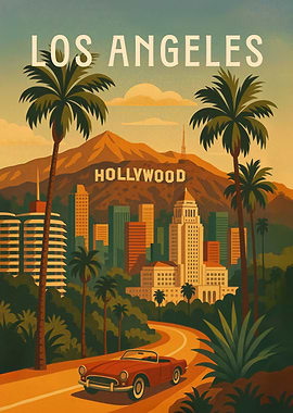 Los Angeles Travel Poster – Hollywood Hills & Sunset Skies