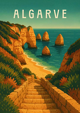 Algarve Travel Poster Portugal – Cliffs & Atlantic Beach Trails