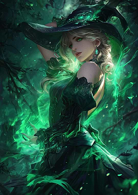 Green Witch with Flames