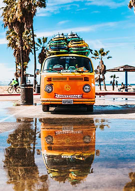 Orange VW Bus with Surfboards
