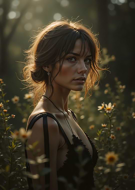 Woman in Black Dress in Field