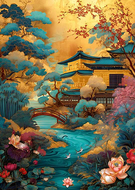 Japanese Garden with Temple and Flowers