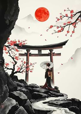 Japanese Geisha Landscape with Torii Gate