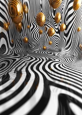 Golden Orbs in Flowing Stripes - Abstract Zebra Pattern with Golden Spheres