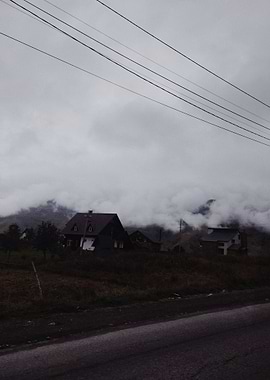 Gloomy Mountain Village Landscape