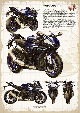 Yamaha R1 Motorcycle Blueprint Sketch Style Art
