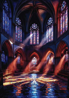 Cathedral Interior with Stained Glass Windows